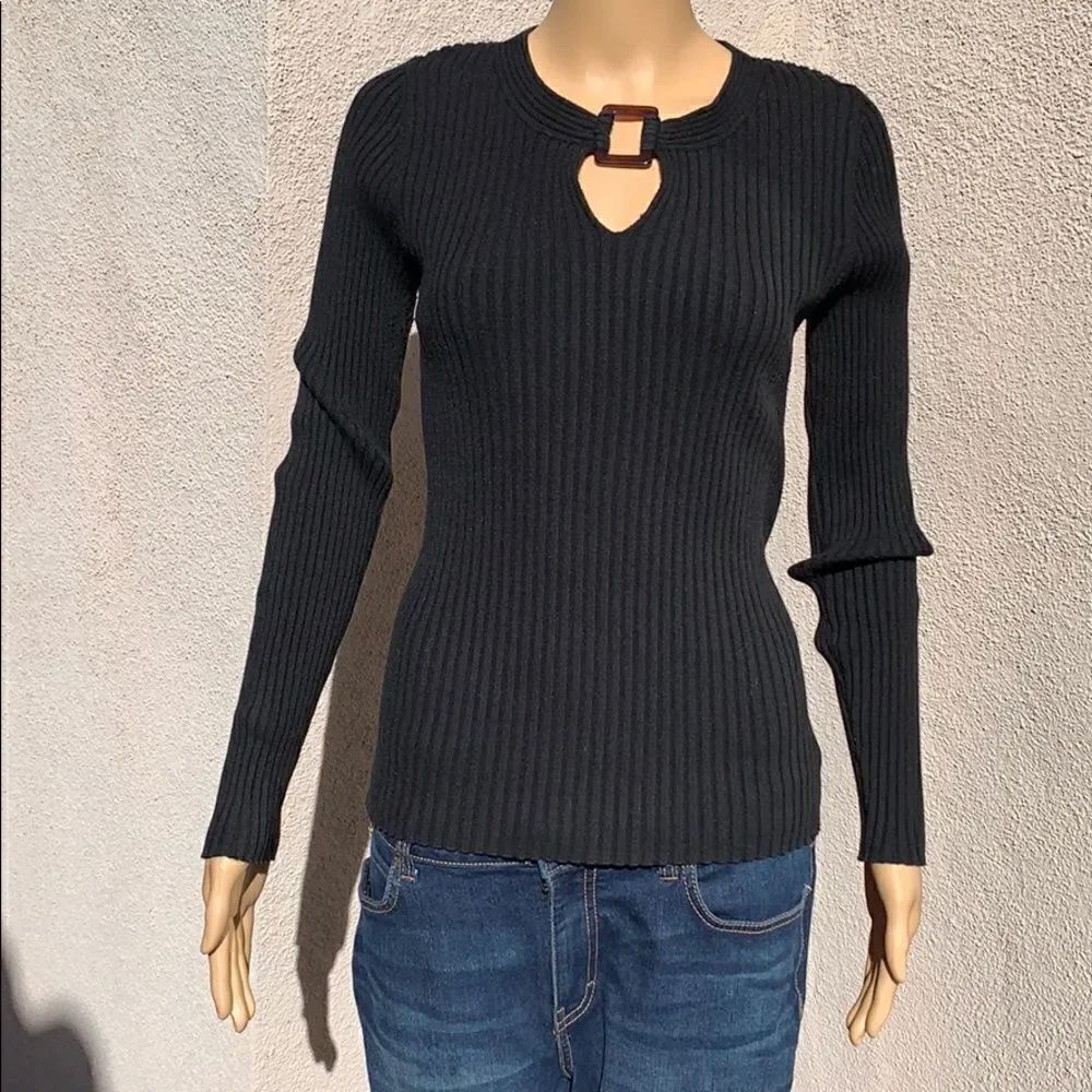 Chaus Black Large Ladies Slimming Ribbed Long Sleeve Sweater Tortoise Shell Neck